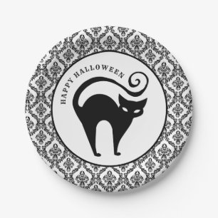 Damask Glam Black Cat   Halloween Paper Plate