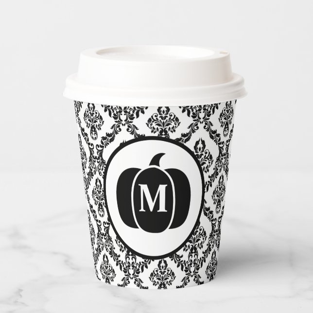 Damask Glam Monogram Halloween Pumpkin  Paper Cups (Front)