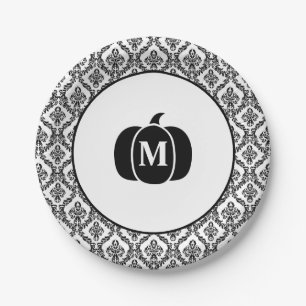 Damask Glam Monogram Halloween Pumpkin  Paper Plate