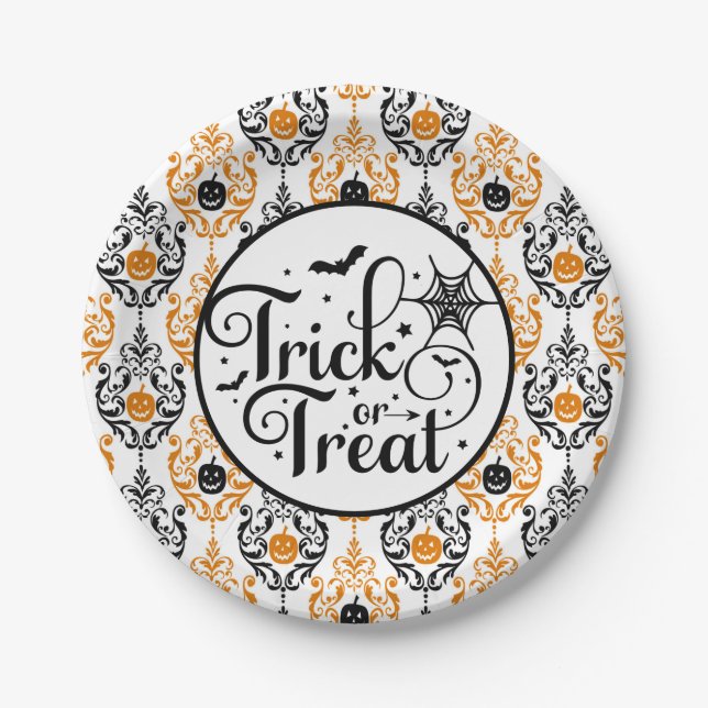 Damask Glam Pumpkin | Trick or Treat  Paper Plate (Front)