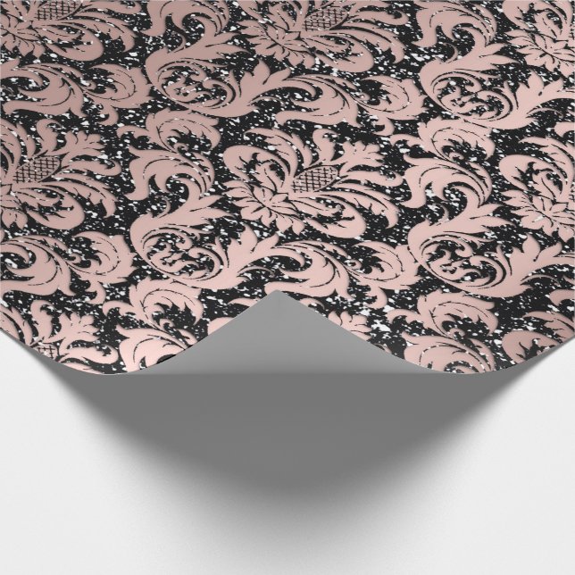 Damask Glitter Black Rose Gold Elegant Royal Wrapping Paper (Corner)