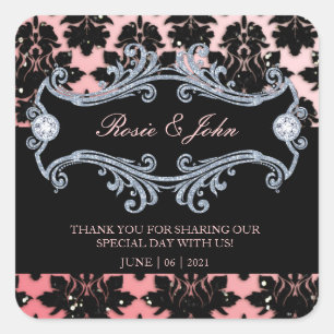 Damask Glitter Coral Wedding Monogram Square Stick Square Sticker