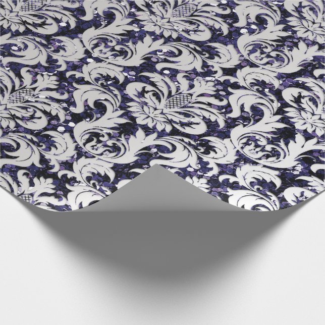 Damask Glitter  Silver Gray Royal  Blue Navy Wrapping Paper (Corner)