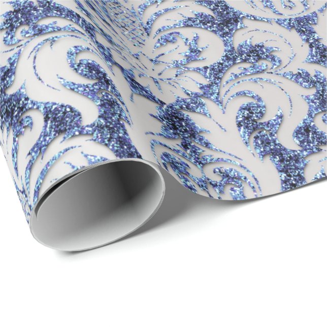 Damask Glitter  Silver Gray Royal Sapphire Blue Wrapping Paper (Roll Corner)