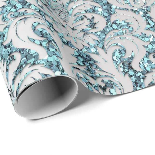 Damask Glitter Tiffany Silver Gray Royal Sequin Wrapping Paper (Roll Corner)