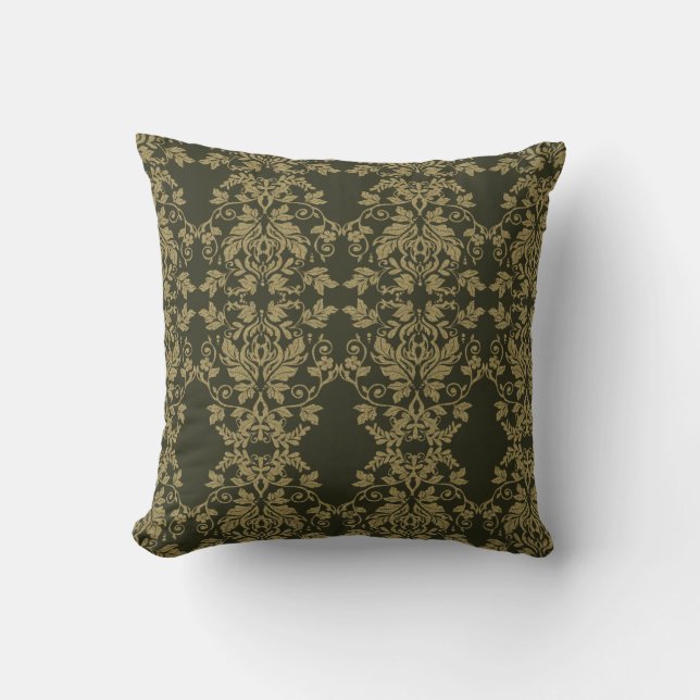 Damask Gold and Dark Olive Decor Cushion (Front)