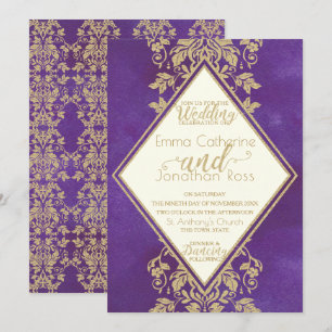 Damask Gold and Royal Purple Wedding Invitation
