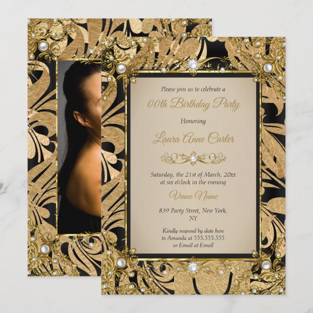 Damask Gold Beige Pearl Photo Birthday Party Invitation (Front/Back)