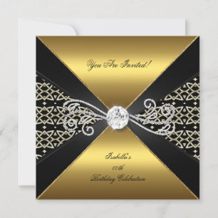 Damask Gold Black Diamond Gem Birthday Party Invitation