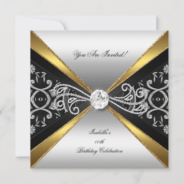 Damask Gold Black Silver Diamond Birthday Party 2 Invitation (Front)