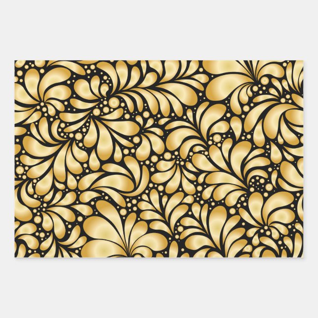 Damask Gold & Black Wrapping paper 3 sheets set (Front)