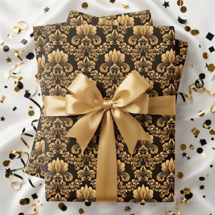 Damask Gold & Black Wrapping paper 3 sheets set