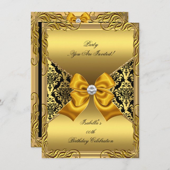 Damask Gold Bronze Diamond Black Birthday Party 2 Invitation (Front/Back)