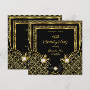 Damask Gold Diamond Black Bow Birthday Party Invitation