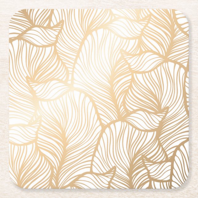 Damask Gold Floral Pattern Square Paper Coaster (Front)