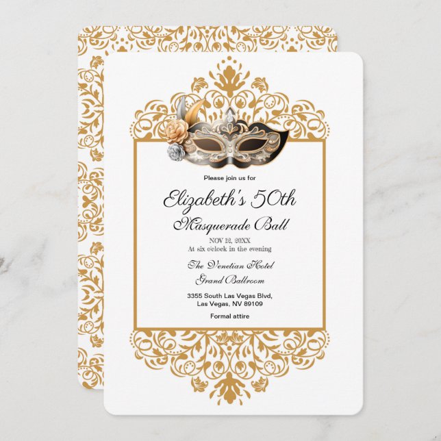 Damask Gold Masquerade Ball 50th Birthday  Invitat Invitation (Front/Back)