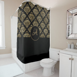Damask Gold Monogram On Black  Shower Curtain