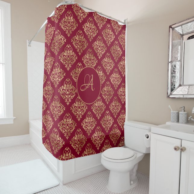 Damask Gold Monogram On Burgundy Shower Curtain (In Situ)