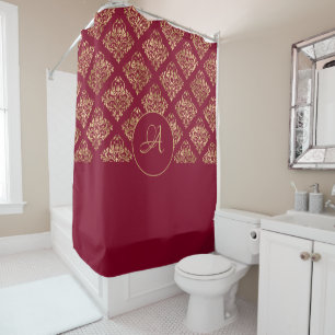 Damask Gold Monogram On Burgundy Shower Curtain
