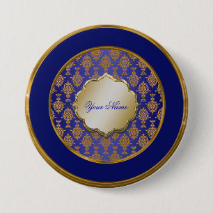 Damask Gold on Royal Blue 7.5 Cm Round Badge