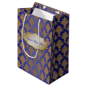 Damask Gold on Royal Blue Label Medium Gift Bag