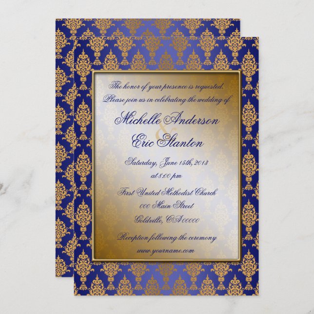 Damask Gold on Royal Blue Shine Invitation (Front/Back)