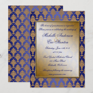 Damask Gold on Royal Blue Shine Invitation