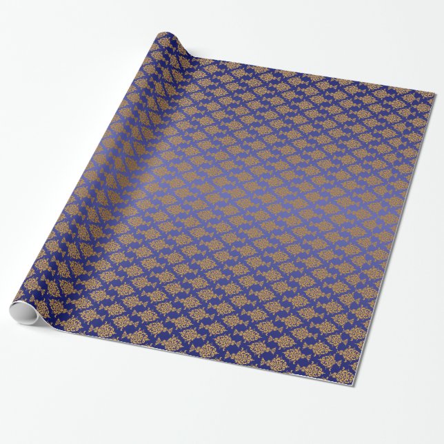 Damask Gold on Royal Blue Wrapping Paper (Unrolled)