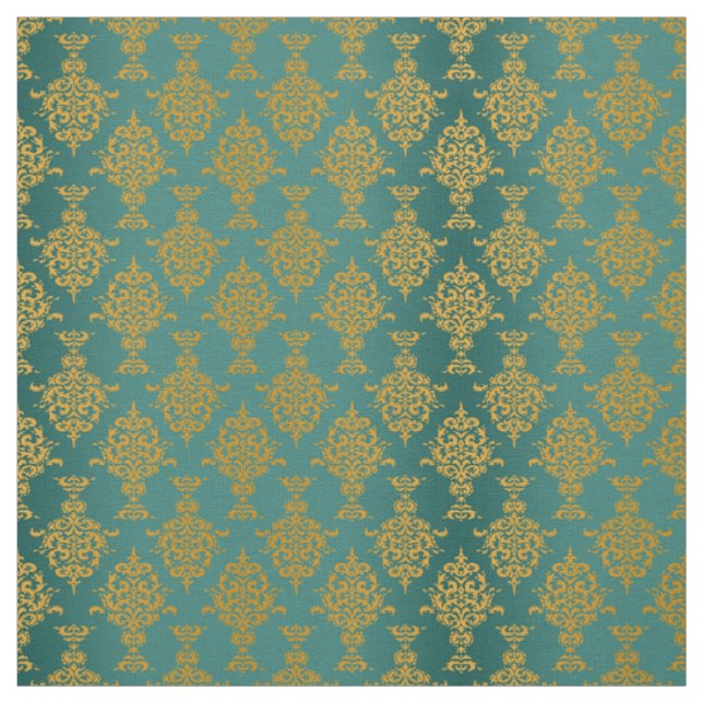 Damask Gold on Teal Green Fabric (Swatch)