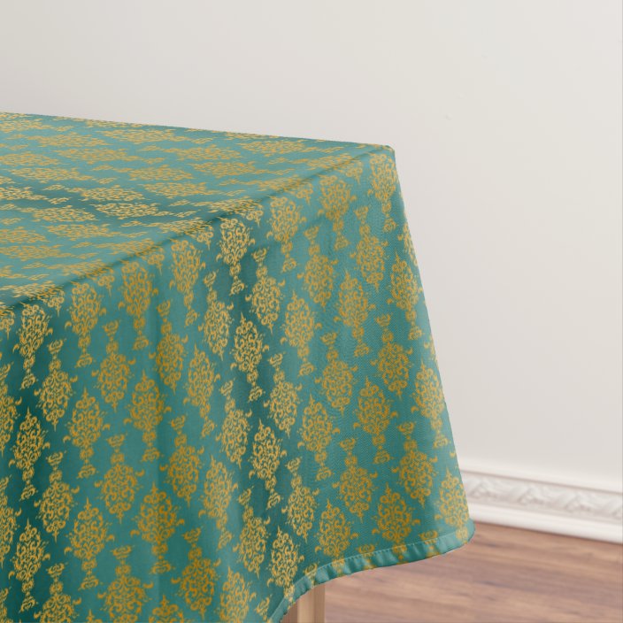 Damask Gold on Teal Green Tablecloth Zazzle.co.uk