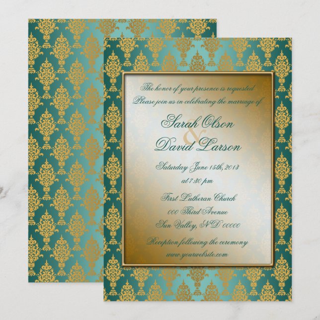 Damask Gold on Teal Invitation (Front/Back)