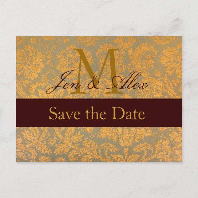 Damask Gold Save the Date Monogram Annoncement Announcement Postcard (Front)