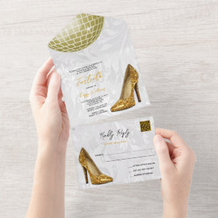 Damask, Gold Stilettos & Disco Ball 40th QR CODE All In One Invitation