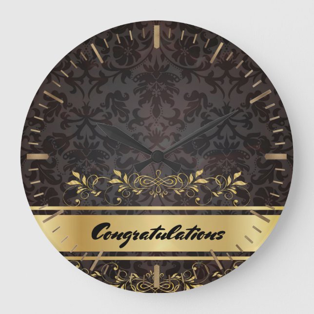 Damask Golden Design Custom Monogram Template Large Clock (Front)