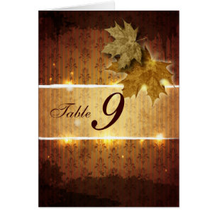 Damask Golden Leaves Wedding Table Number Card