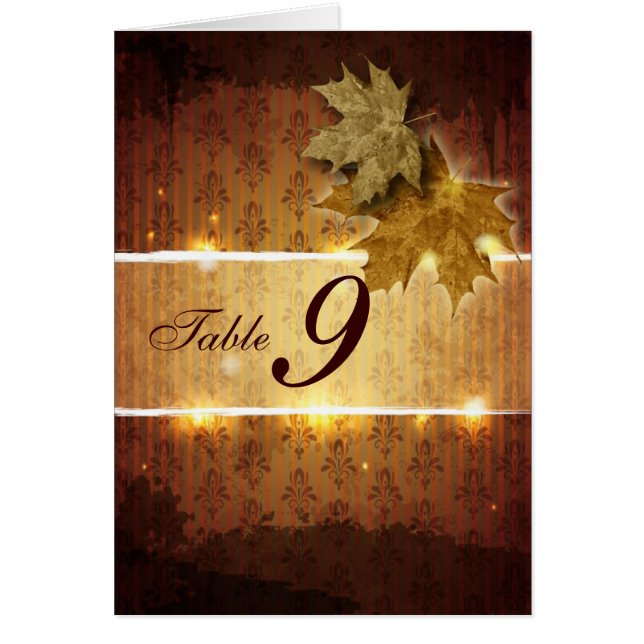 Damask Golden Leaves Wedding Table Number Card (Front)