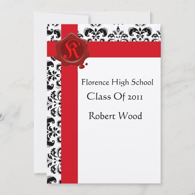 DAMASK GRADUATION PARTY Red Wax Seal  Monogram Invitation (Front)