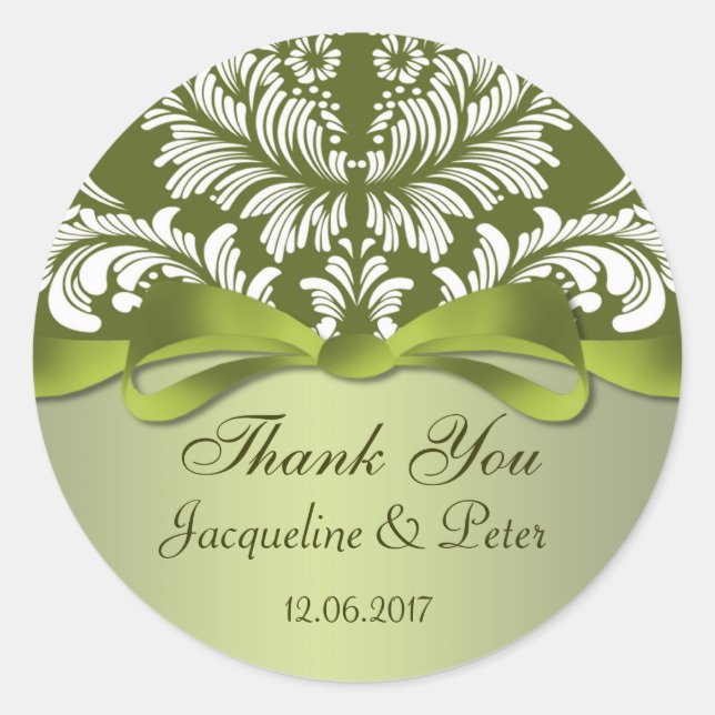 Damask green and white Thank you Wedding Classic Round Sticker (Front)