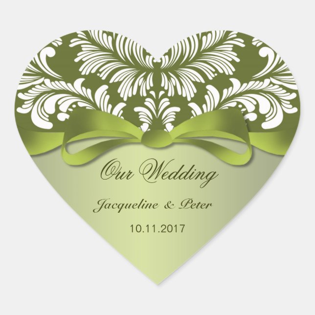 Damask green and white Wedding Heart Sticker (Front)