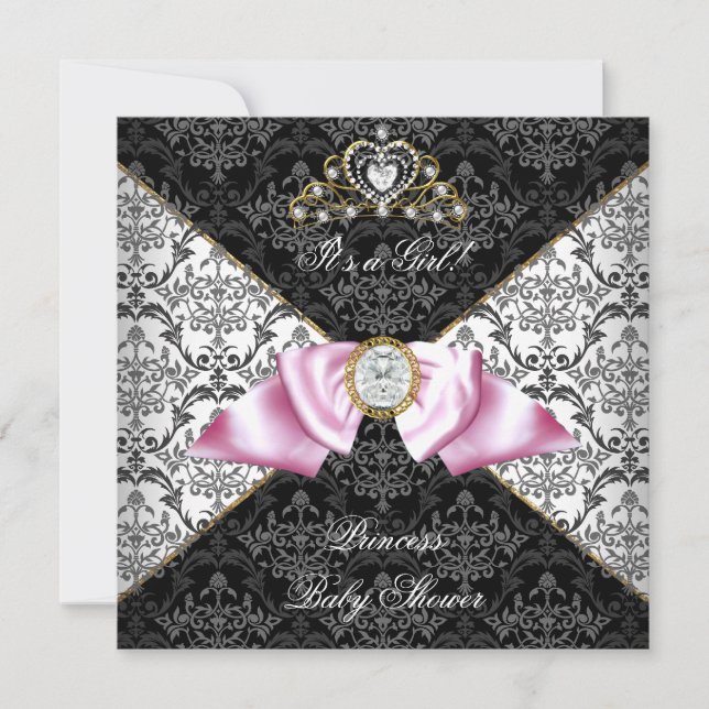 Damask Grey Baby Shower Girl Black Pink Princess Invitation (Front)