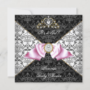Damask Grey Baby Shower Girl Black Pink Princess Invitation