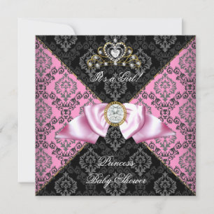 Damask Grey Black Pink Princess Baby Shower Girl Invitation