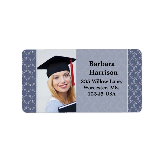 Damask grey blue, white Graduation photo Label (Front)