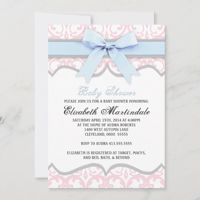 Damask Heart Blue Pink Baby Shower Invitation (Front)
