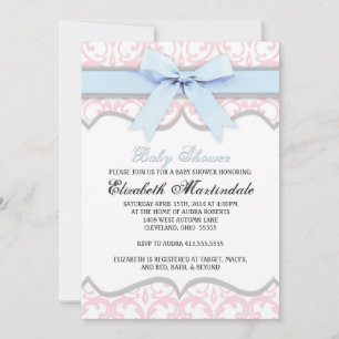 Damask Heart Blue Pink Baby Shower Invitation