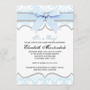 Damask Heart Blue Ribbon Baby Shower Invitation