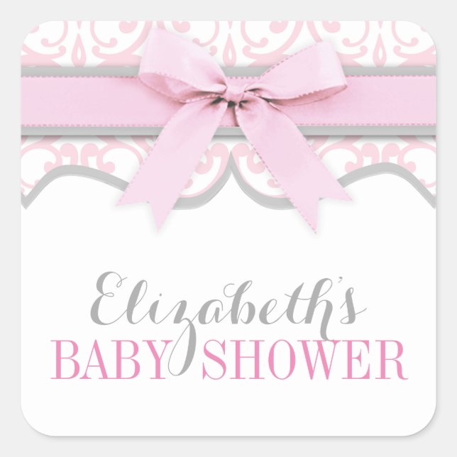 Damask Heart Pink Ribbon Baby Shower Sticker (Front)