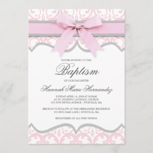 Damask Heart Pink Ribbon Baptism Invitation