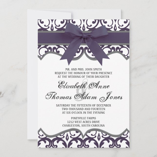 Damask Heart with Plum Ribbon Wedding Invitation (Front)