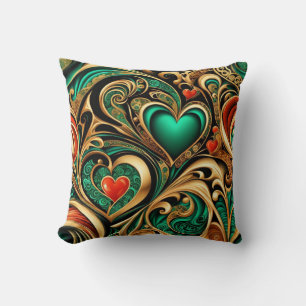 Damask Hearts Gold Teal Coral Repeat Pattern Cushion